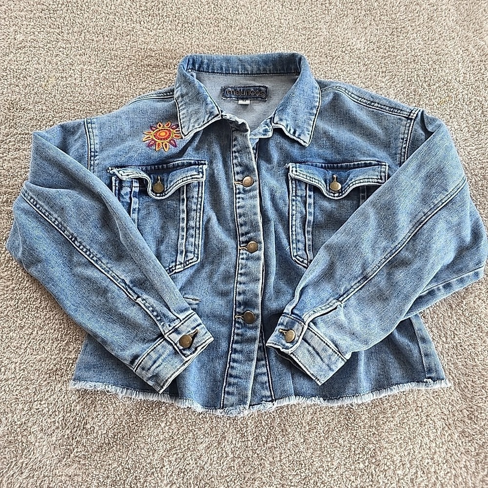 Maurices Denim Jean Jacket Cropped Elastic‎ Waist Rough Hem Sun Patch Sz M Boho